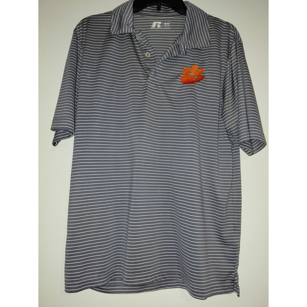 Men's Russel Clemson University Tigers Gray Striped Polo Golf Shirt Medium EUC